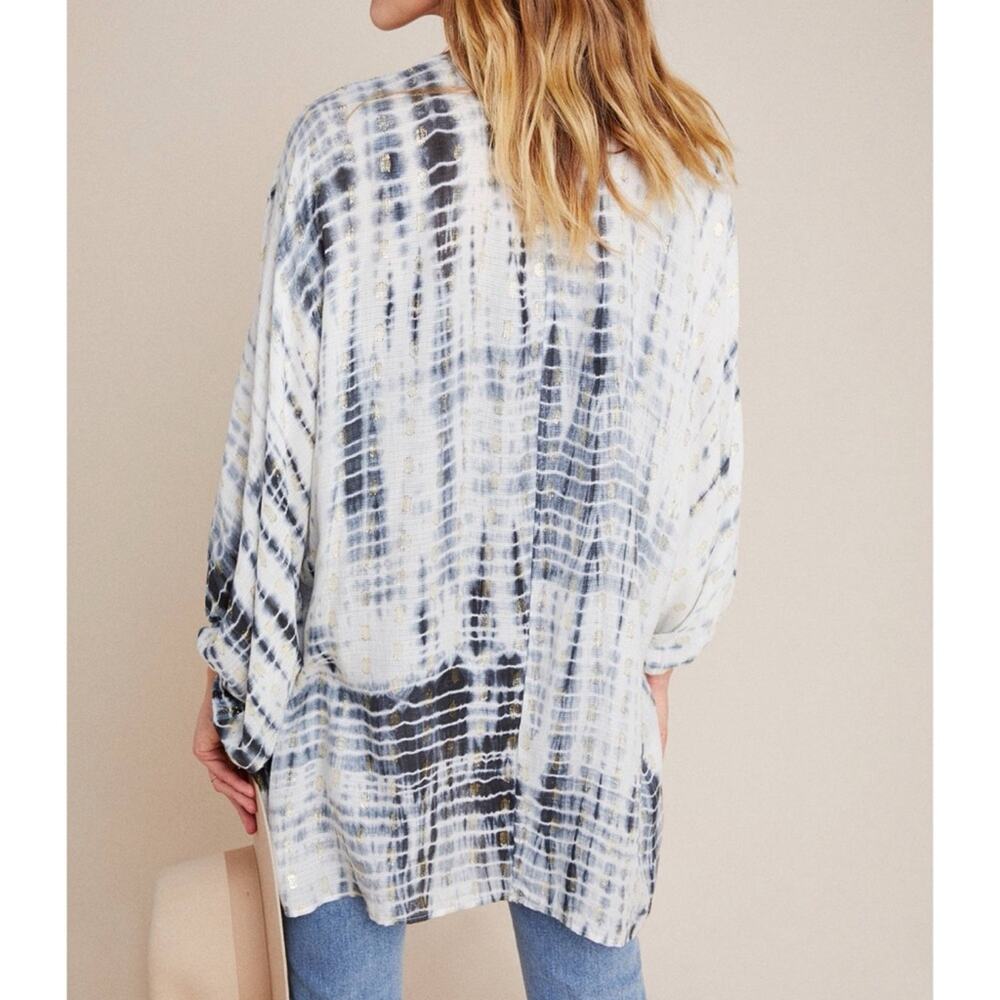 Anthropologie Vada White Blue Gold Shimmer Cocoon Kimono Women’s One Size - Picture 3 of 12